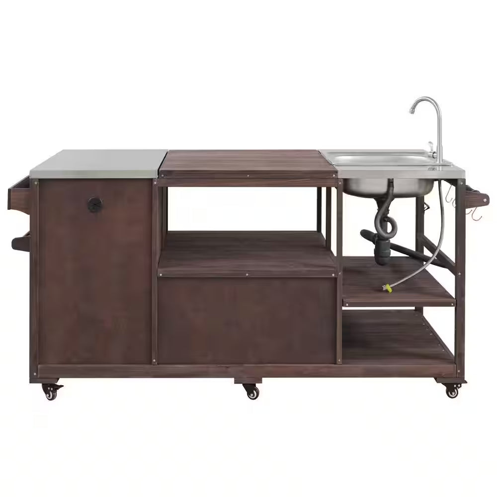 Farmhouse Dark Brown Stainless Steel 75.4 In. Rolling Kitchen Island Outdoor Bar Cart for Big Green Egg Grills with Sink