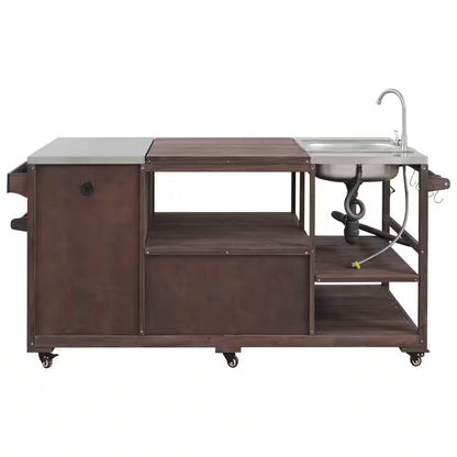Farmhouse Dark Brown Stainless Steel 75.4 In. Rolling Kitchen Island Outdoor Bar Cart for Big Green Egg Grills with Sink
