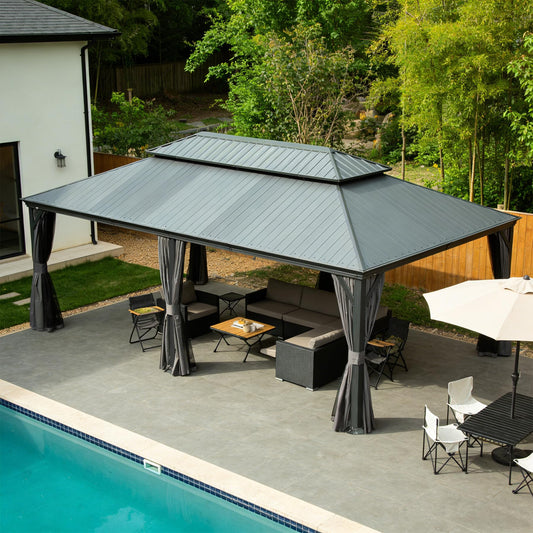14'x20' Hardtop Gazebo With Durable Resin Roof, Drainage Gutters, Curtains & Mosquito Netting