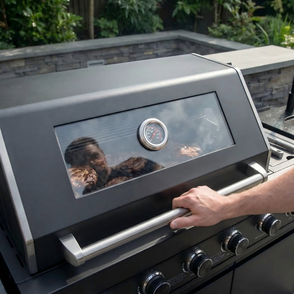 85" 4-Burner 85000 BTU Black Outdoor Kitchen Island Grill with Compact Refrigerator Marble Countertops Sink