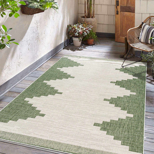 Djugun Green Aztec Geometric Indoor & Outdoor Rug – Flat Weave Polypropylene (Neil Collection)