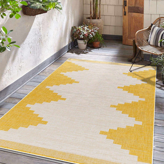 Djugun Metallic Gold Aztec Geometric Indoor & Outdoor Rug – Flat Weave Polypropylene (Franz Collection)