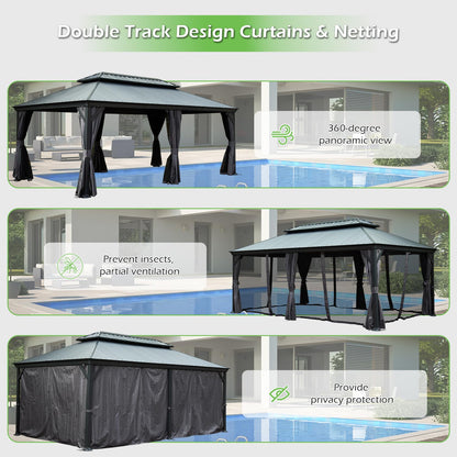 14'x22' Hardtop Gazebo With Resin Roof, Steel Frame, Drainage Gutters, Curtains & Mosquito Netting