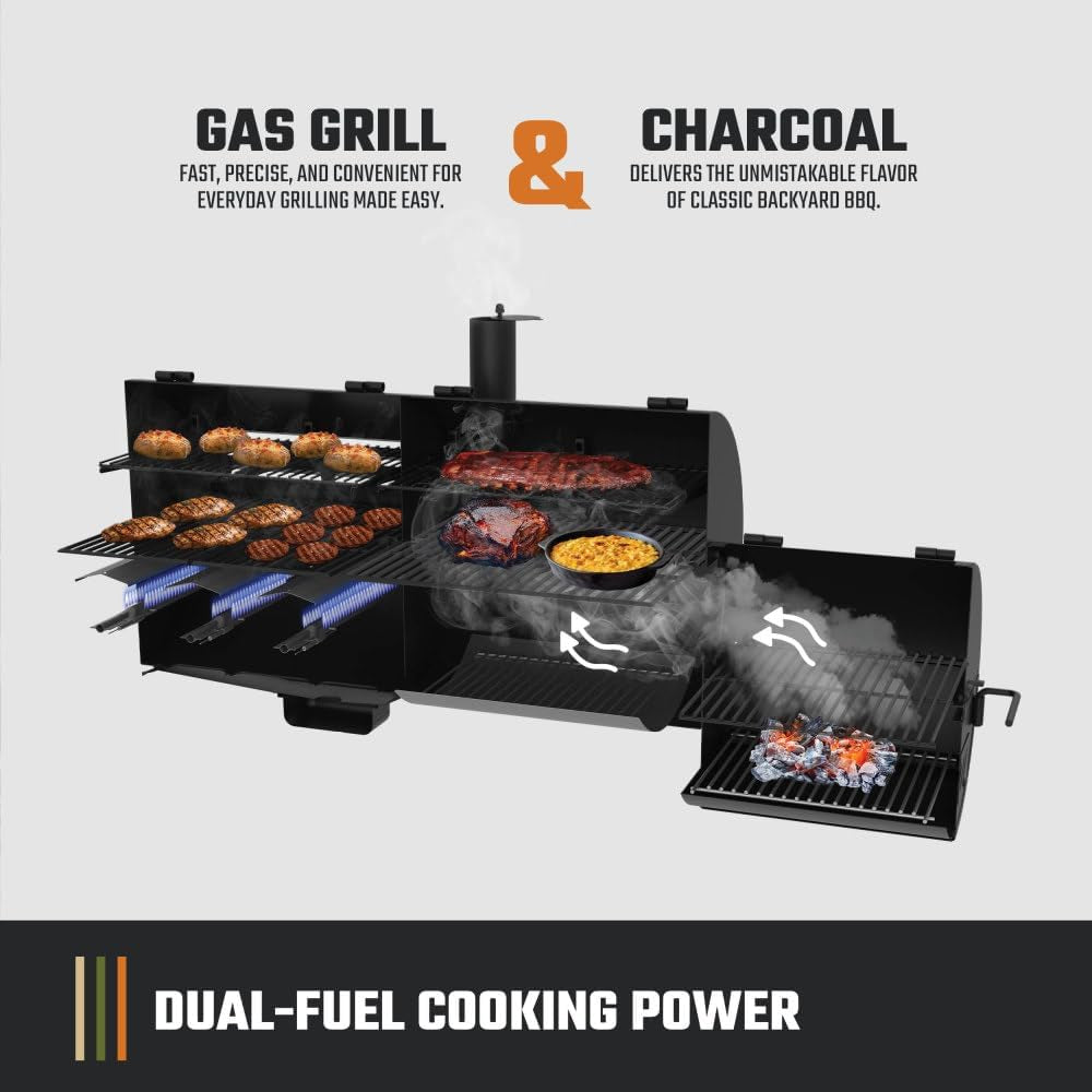 Canyon Combo Dual Fuel 3-Burner Propane Gas and Charcoal Smoker and Grill with 1031 Sq. In. Cooking Area in Black