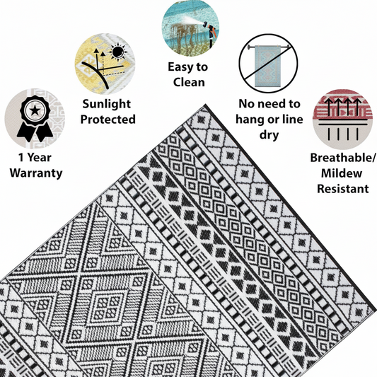 Relic Premium Stain Proof Rain Proof Lightweight Reversible Plastic Crease Free Outdoor Rug (8X10, Black/White)