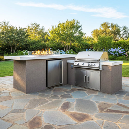 KoKoMo Grills Baja 9FT Outdoor BBQ Island With LEDs, Built-In Grill, Fire Burner & Refrigerator [Made-To-Order]