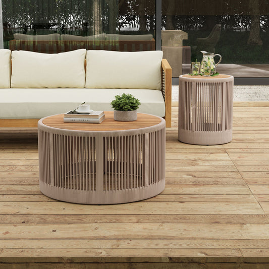 Alora Modern Rustic Coffee Table & Side Table Set With Woven Rope Design