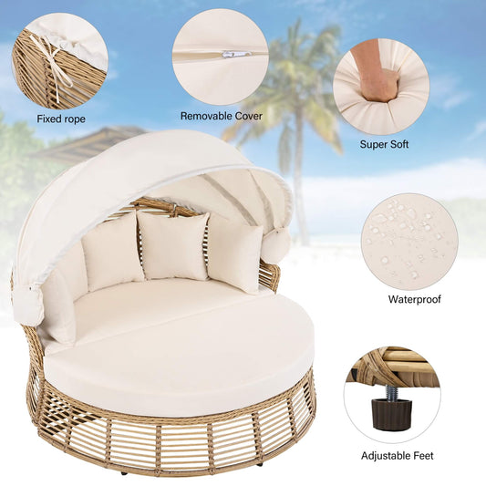 Alora 53-Inch Outdoor Patio Rattan Round Wicker Daybed With Retractable Canopy & 5 Pillows