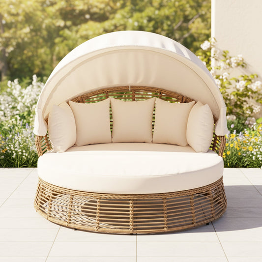 Alora 53-Inch Outdoor Patio Rattan Round Wicker Daybed With Retractable Canopy & 5 Pillows
