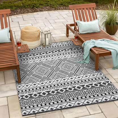Relic Premium Stain Proof Rain Proof Lightweight Reversible Plastic Crease Free Outdoor Rug (8X10, Black/White)