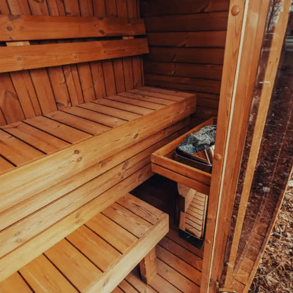 Premium 3-Person Outdoor Scandinavian ThermoWood Cube Sauna Kit With LED Lighting & Choice of Harvia Heater (SAK47582)