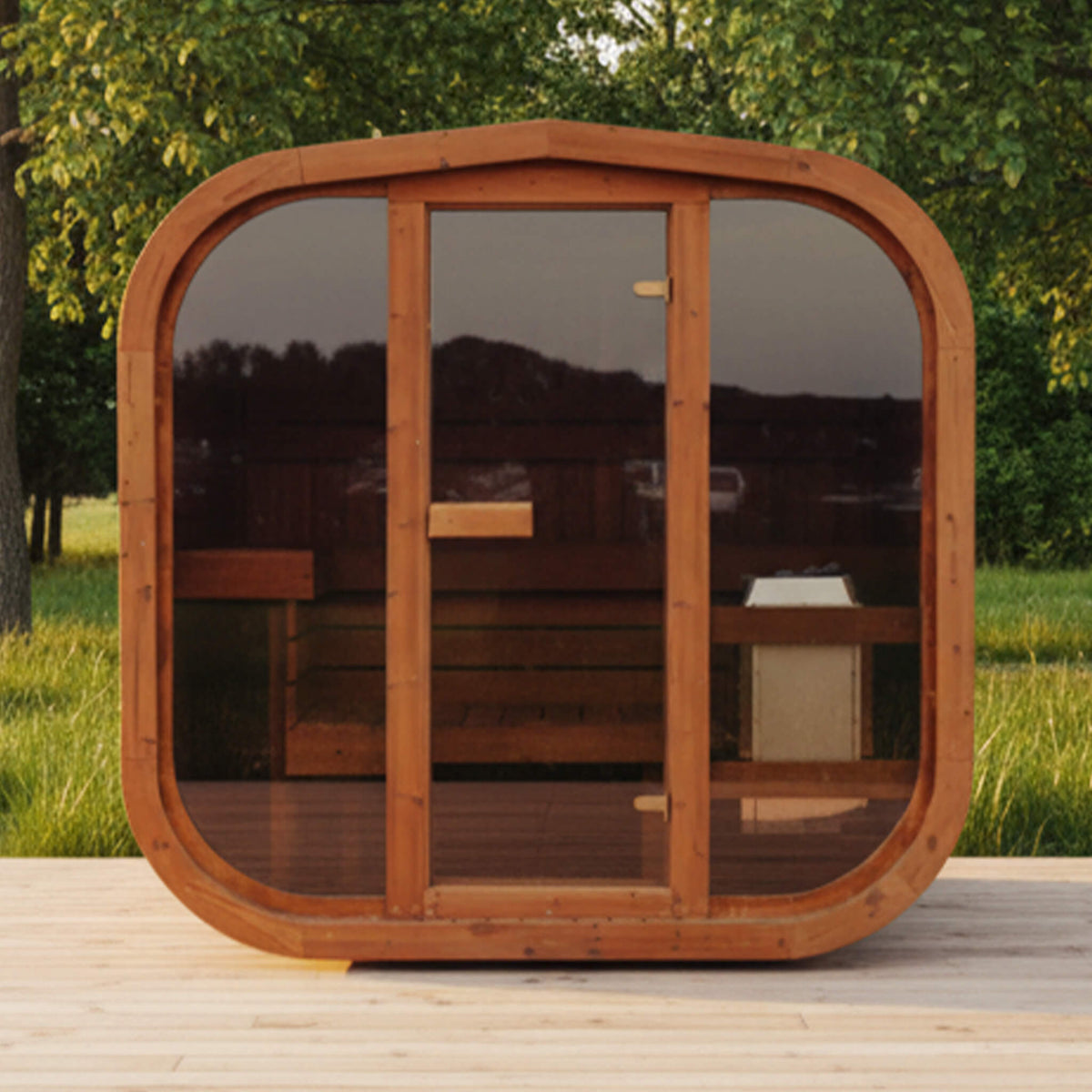 Premium 4-Person Outdoor Scandinavian ThermoWood Cube Sauna Kit With LED Lighting & Choice of Harvia Heater (SAK25470)