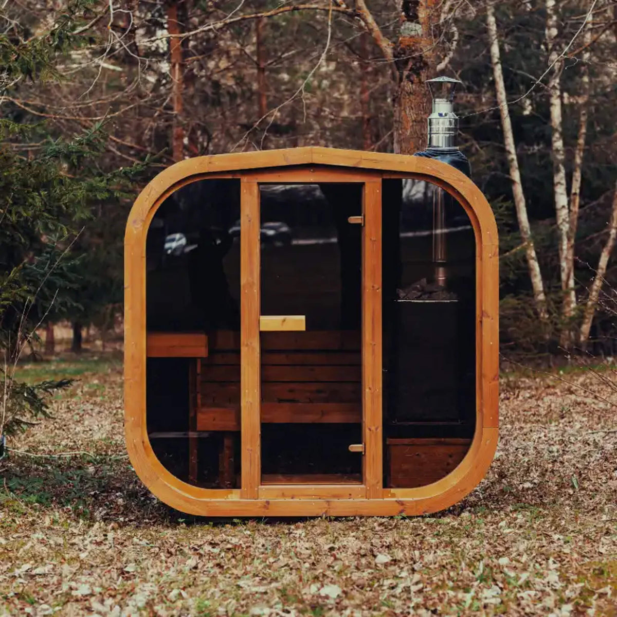Premium 6-Person Outdoor Scandinavian ThermoWood Cube Sauna Kit With LED Lighting & Choice of Harvia Heater (SAK89146)