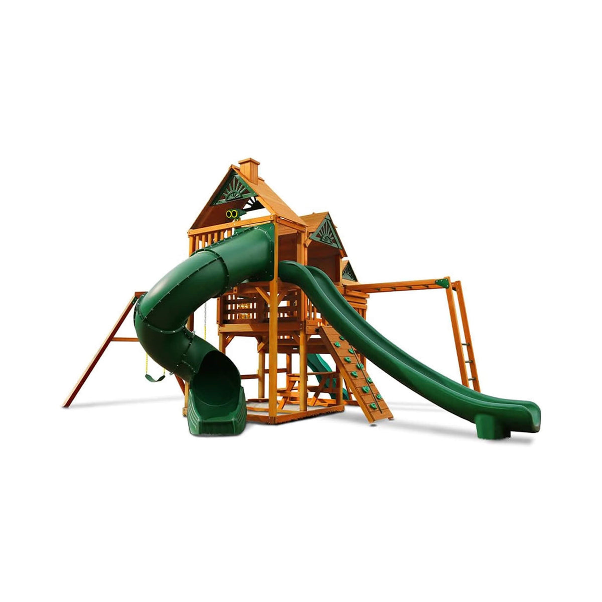 Cedar Swing Set with 3 Play Decks, 3 Slides & Monkey Bars