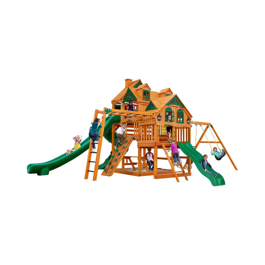 Cedar Swing Set with 3 Play Decks, 3 Slides & Monkey Bars