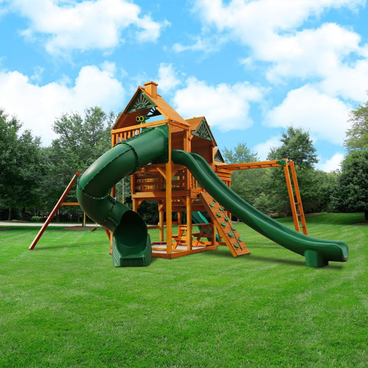 Cedar Swing Set with 3 Play Decks, 3 Slides & Monkey Bars