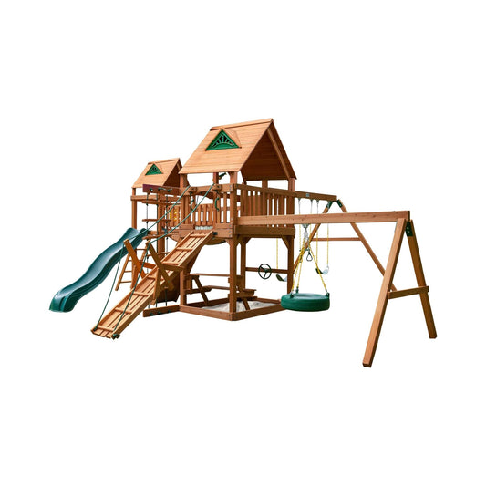 Cedar Swing Set with Tower, Wave Slide & Clatter Bridge