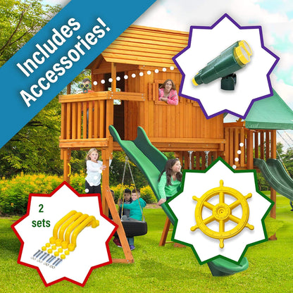 Cedar Treehouse Swing Set with Clubhouse & Two Slides