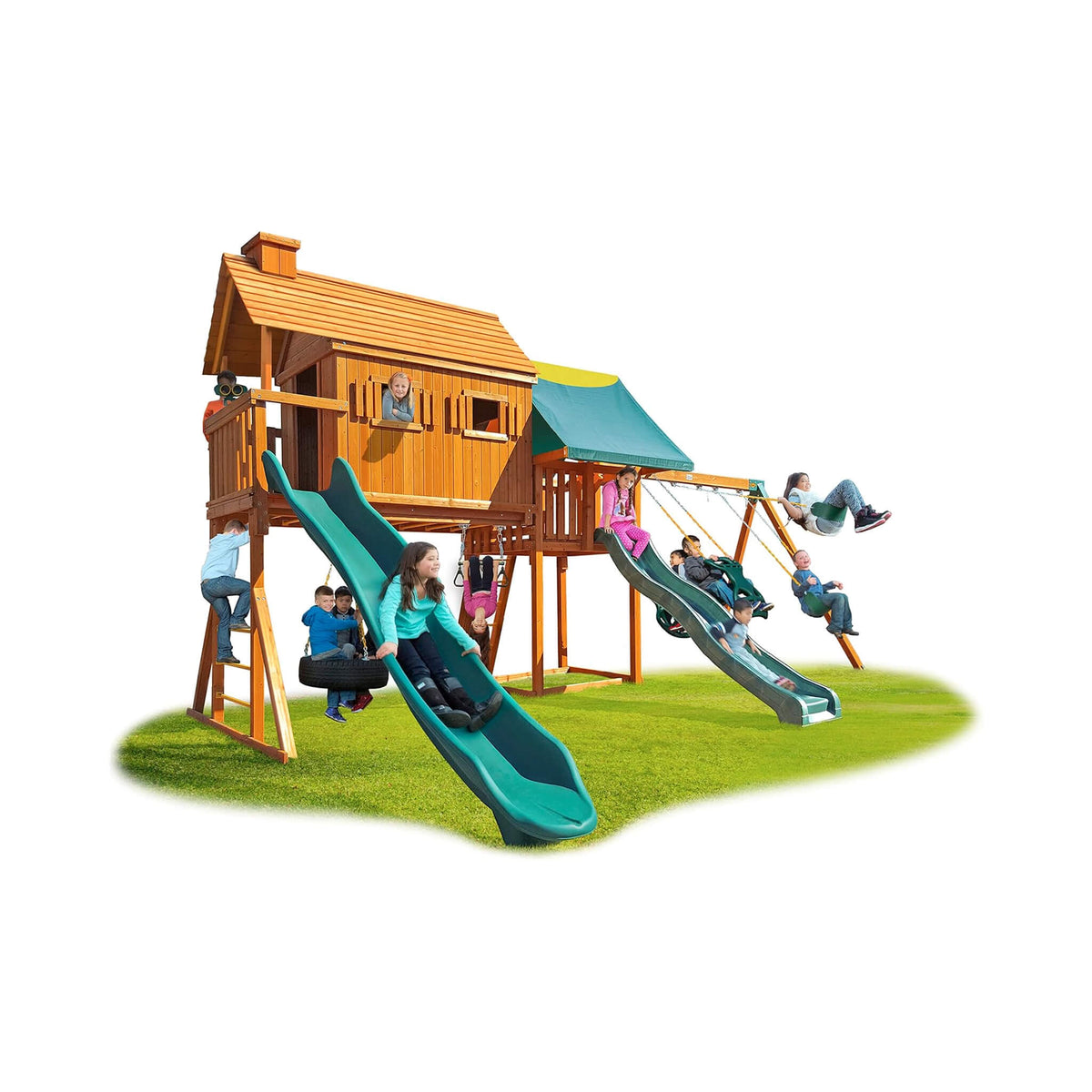 Cedar Treehouse Swing Set with Clubhouse & Two Slides