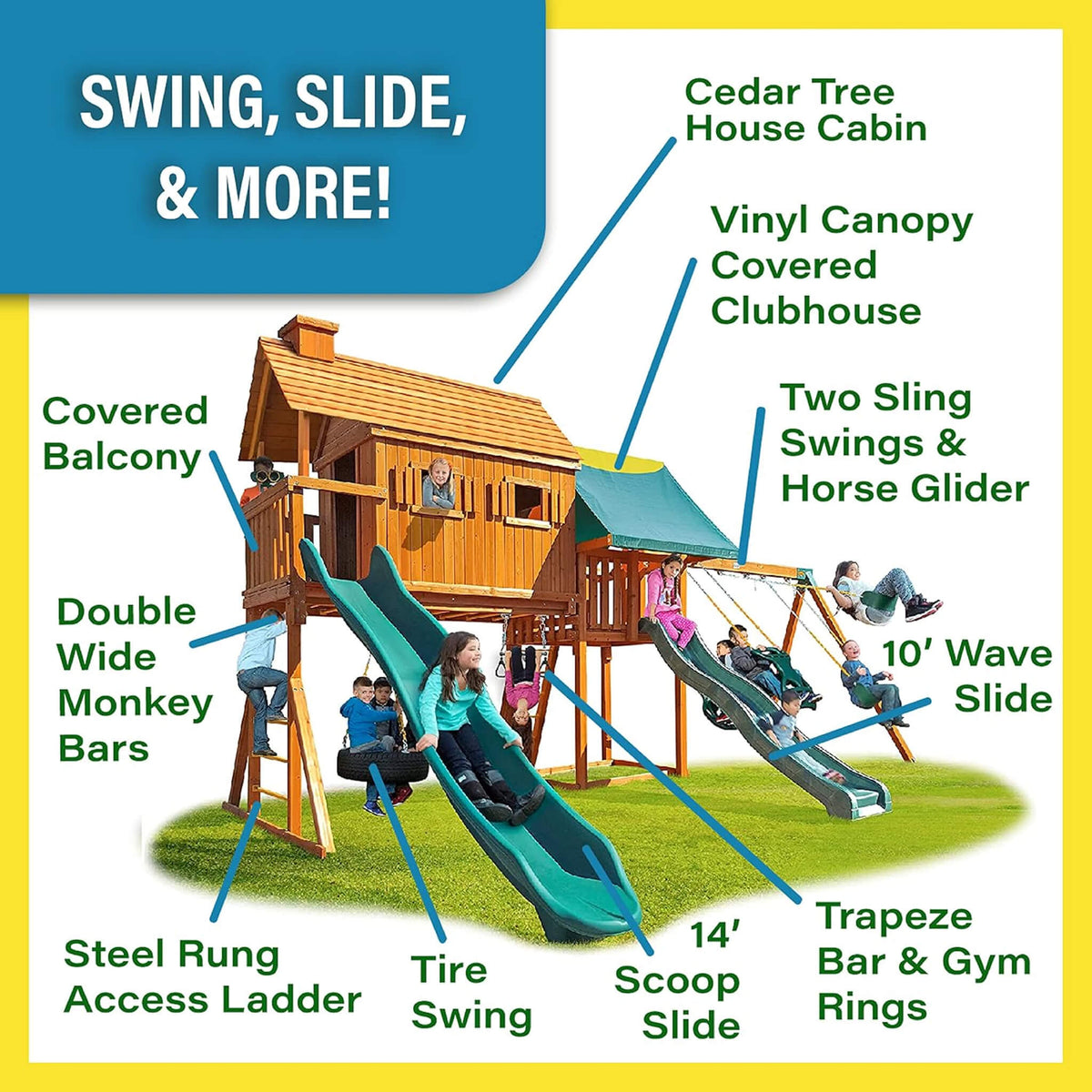 Cedar Treehouse Swing Set with Clubhouse & Two Slides