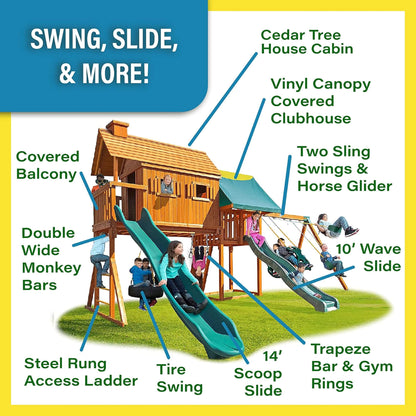 Cedar Treehouse Swing Set with Clubhouse & Two Slides