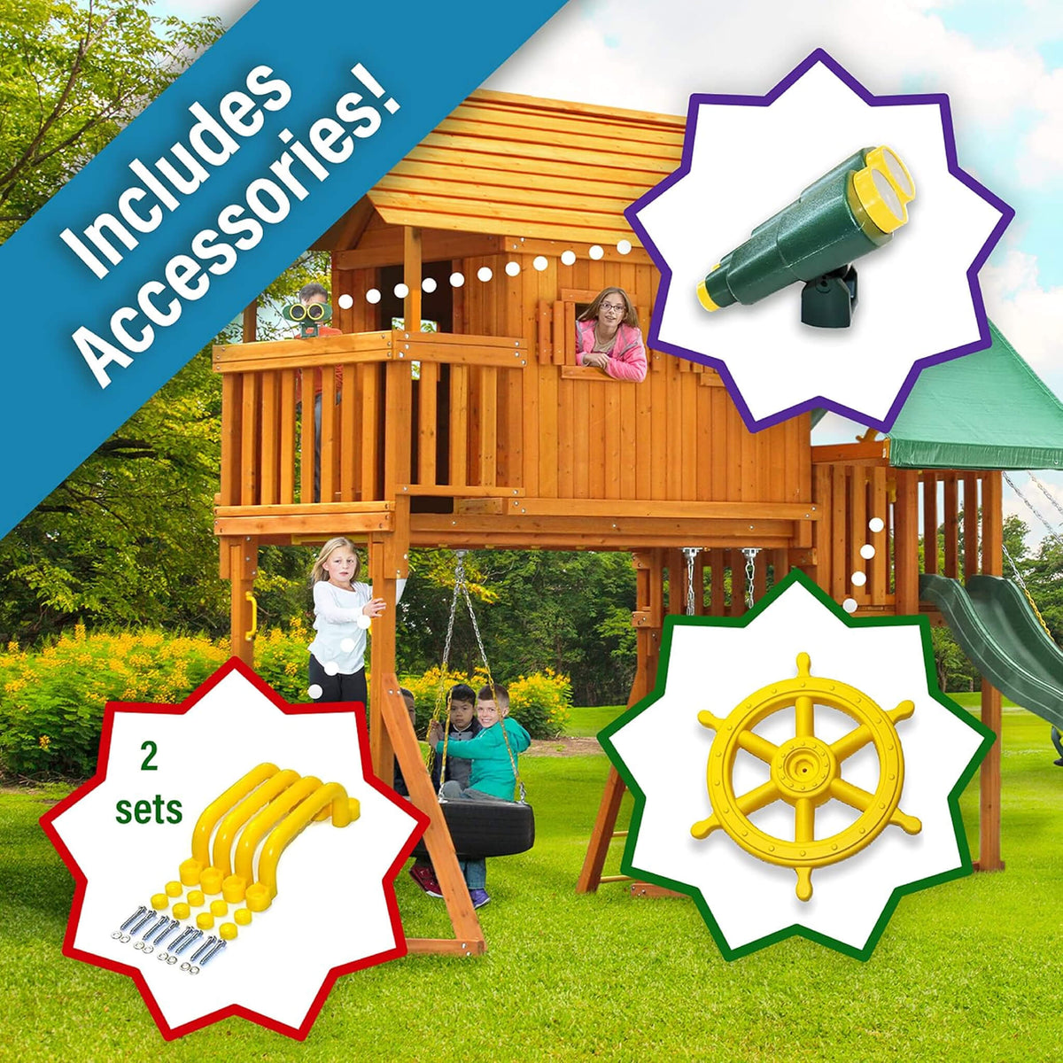 Cedar Treehouse Swing Set with Clubhouse, Wave & Spiral Slides