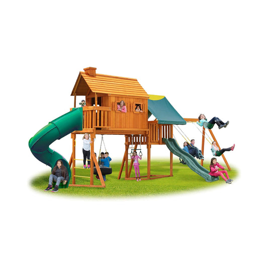 Cedar Treehouse Swing Set with Clubhouse, Wave & Spiral Slides