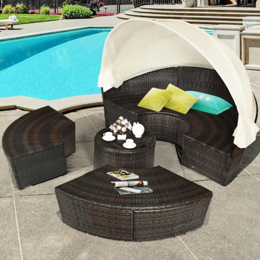 Alora Premium 76-Inch Round Outdoor Patio Rattan Daybed With Retractable Canopy & Adjustable Table