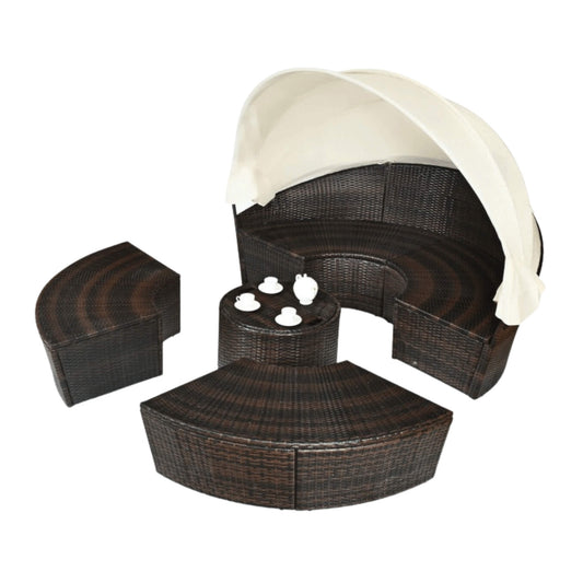 Alora Premium 76-Inch Round Outdoor Patio Rattan Daybed With Retractable Canopy & Adjustable Table
