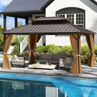 16'x12' Permanent Hardtop Gazebo With Aluminum Frame, Double Metal Roof, Waterproof Curtains & Mesh Netting – Coffee