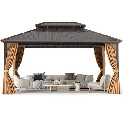 16'x12' Permanent Hardtop Gazebo With Aluminum Frame, Double Metal Roof, Waterproof Curtains & Mesh Netting – Coffee