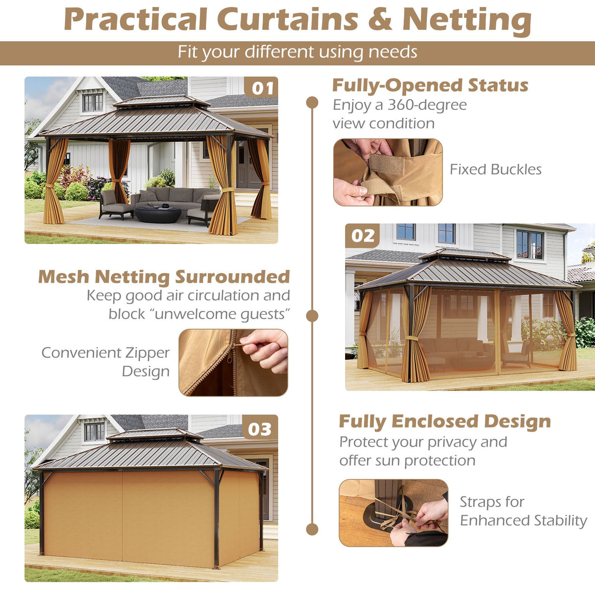 16'x12' Permanent Hardtop Gazebo With Aluminum Frame, Double Metal Roof, Waterproof Curtains & Mesh Netting – Coffee