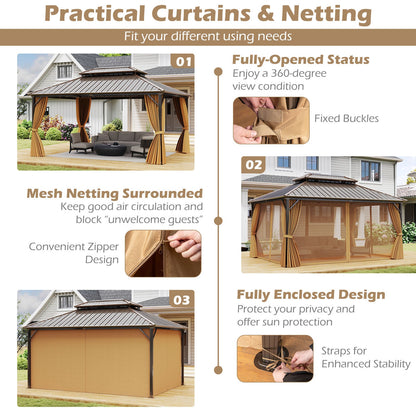 16'x12' Permanent Hardtop Gazebo With Aluminum Frame, Double Metal Roof, Waterproof Curtains & Mesh Netting – Coffee