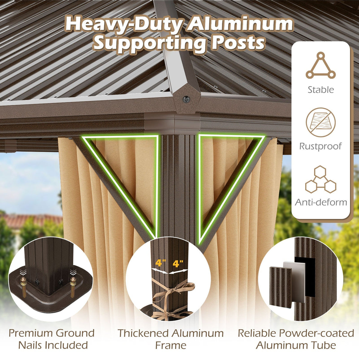 16'x12' Permanent Hardtop Gazebo With Aluminum Frame, Double Metal Roof, Waterproof Curtains & Mesh Netting – Coffee