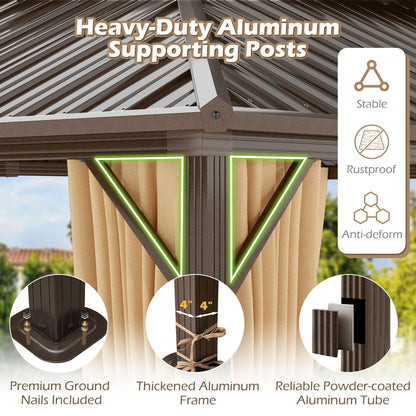 16'x12' Permanent Hardtop Gazebo With Aluminum Frame, Double Metal Roof, Waterproof Curtains & Mesh Netting – Coffee