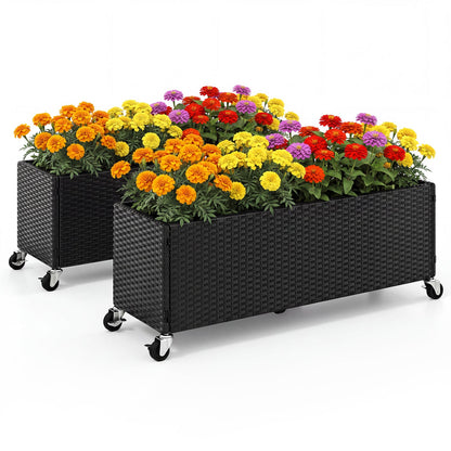 Black PE Rattan Raised Planter Set of 2 with Lockable Wheels