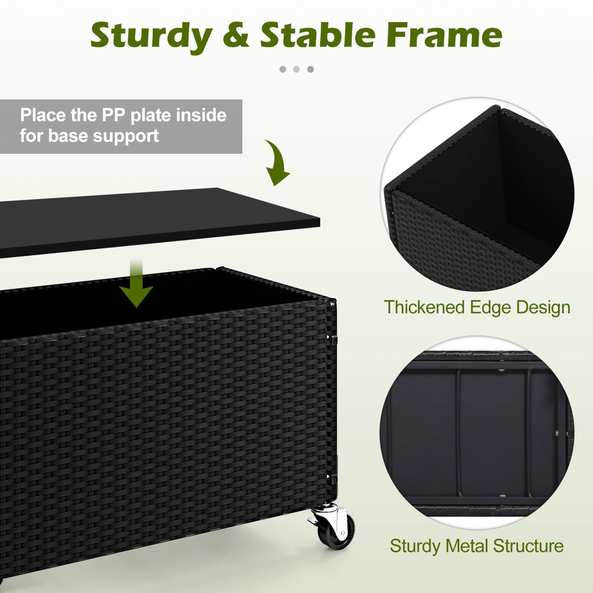 Black PE Rattan Raised Planter Set of 2 with Lockable Wheels
