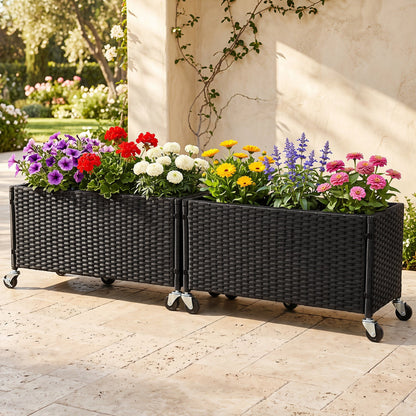 Black PE Rattan Raised Planter Set of 2 with Lockable Wheels