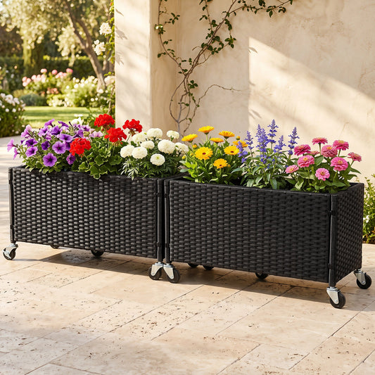 Black PE Rattan Raised Planter Set of 2 with Lockable Wheels