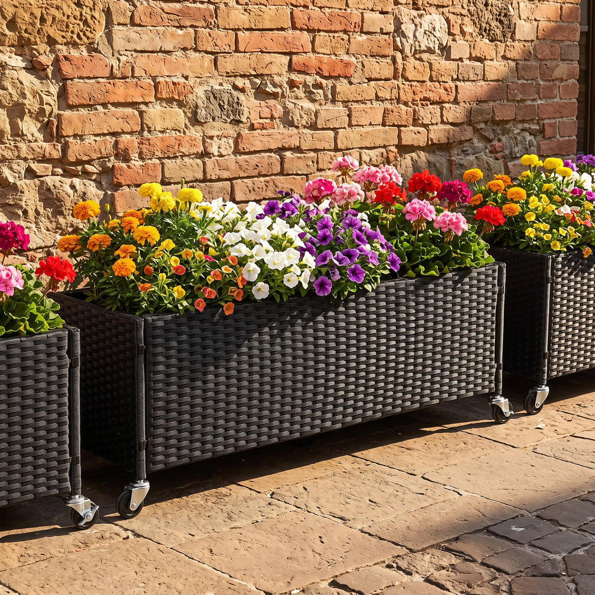 Black PE Rattan Raised Planter Set of 2 with Lockable Wheels