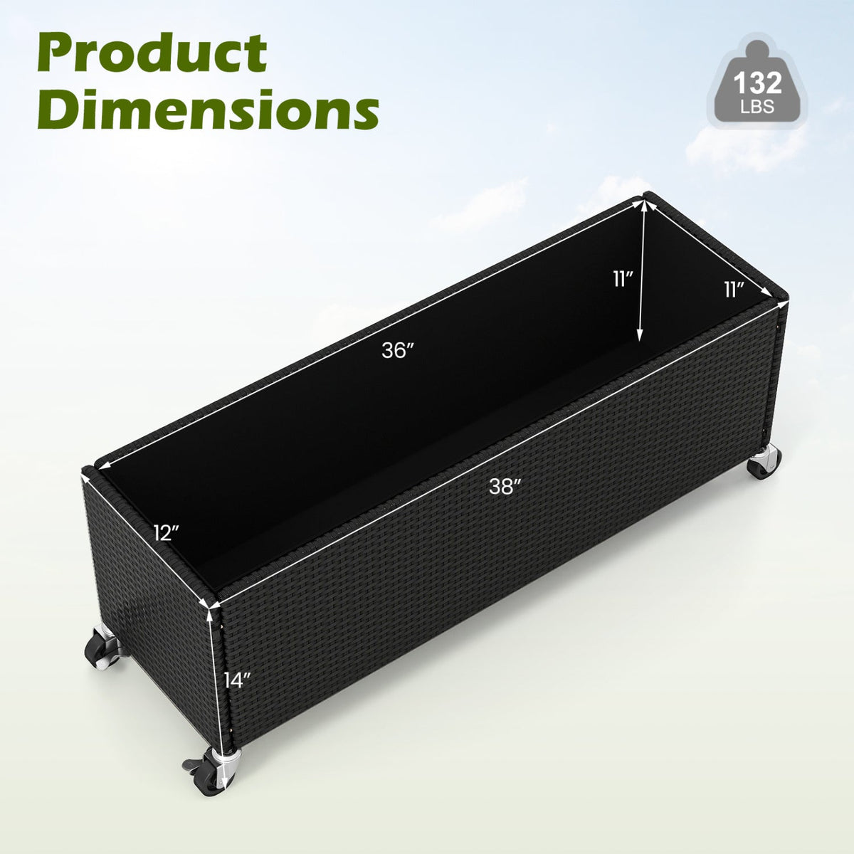 Black PE Rattan Raised Planter Set of 2 with Lockable Wheels