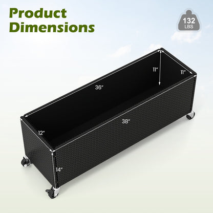 Black PE Rattan Raised Planter Set of 2 with Lockable Wheels