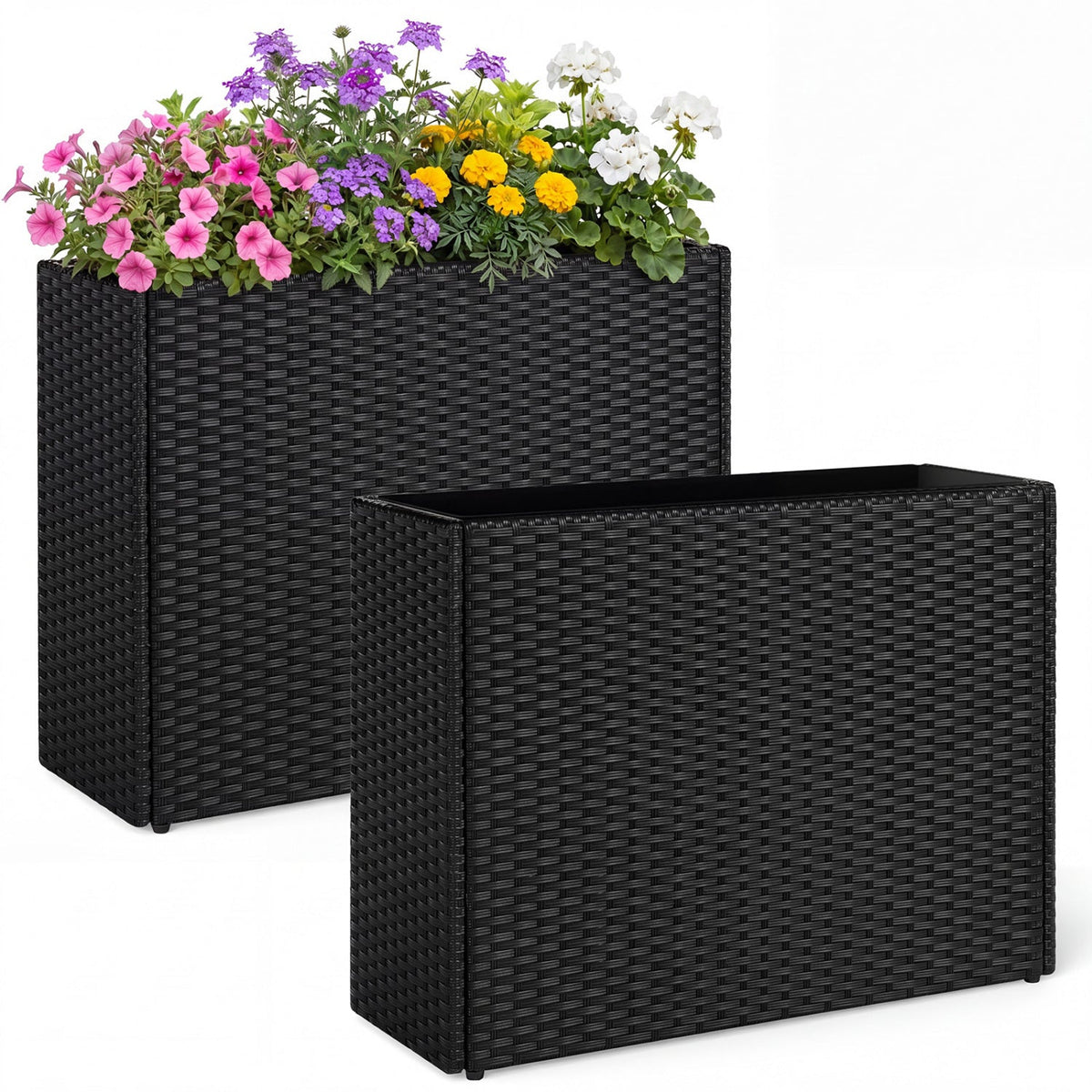 Set of 2 Black PE Rattan Raised Planters with Liners – 32-Inch
