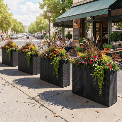 Set of 2 Black PE Rattan Raised Planters with Liners – 32-Inch