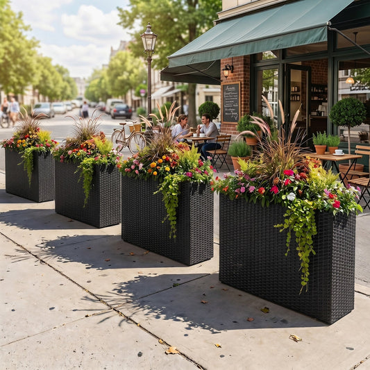 Set of 2 Black PE Rattan Raised Planters with Liners – 32-Inch