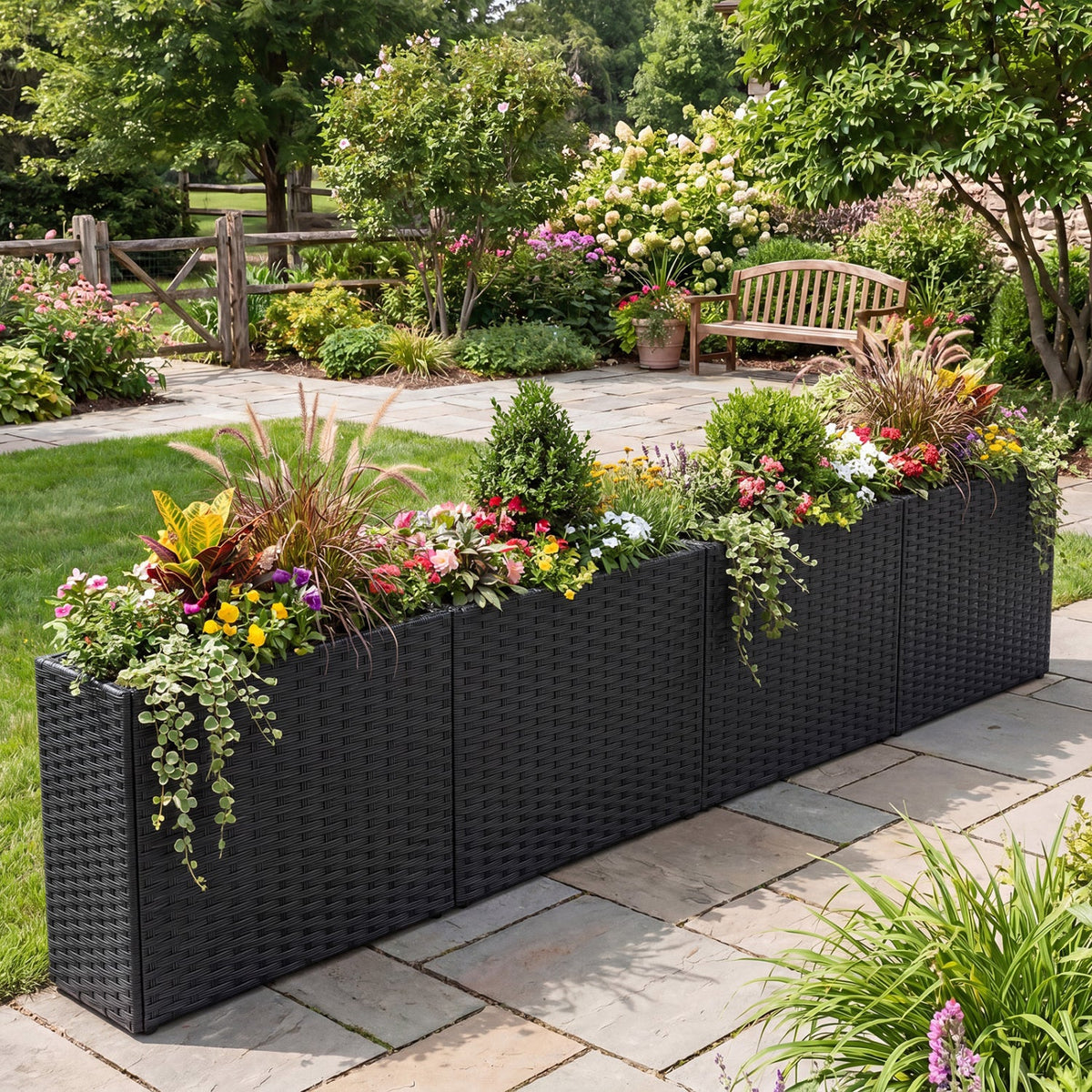 Set of 2 Black PE Rattan Raised Planters with Liners – 32-Inch
